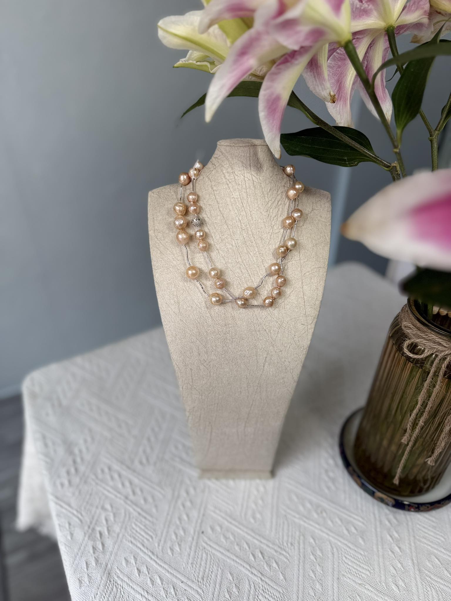 Dây chuyền ngọc trai cam phối bạc